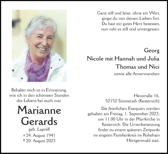 Traueranzeige von Marianne Gerards von Zeitung am Sonntag