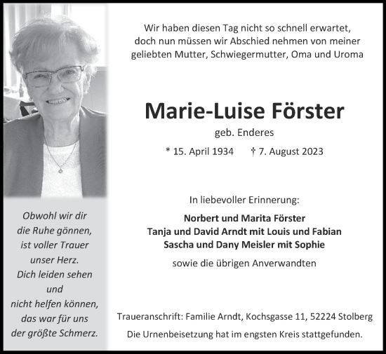 Traueranzeige von Marie-Luise Förster von Zeitung am Sonntag