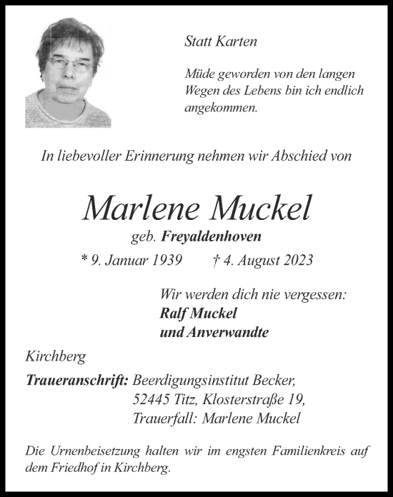 Traueranzeige von Marlene Muckel von Zeitung am Sonntag