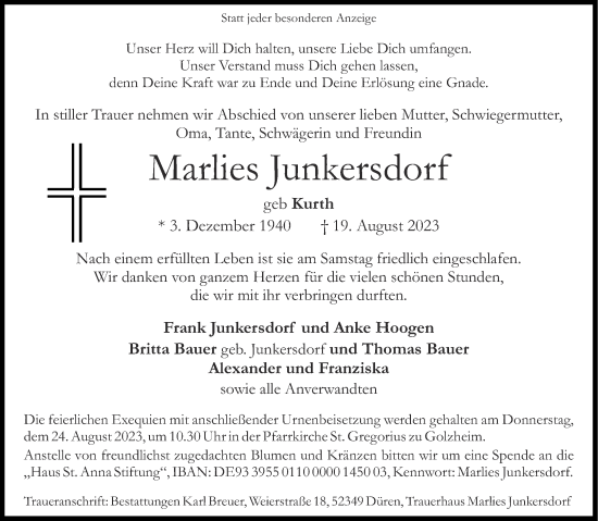 Traueranzeige von Marlies Junkersdorf von Aachener Zeitung