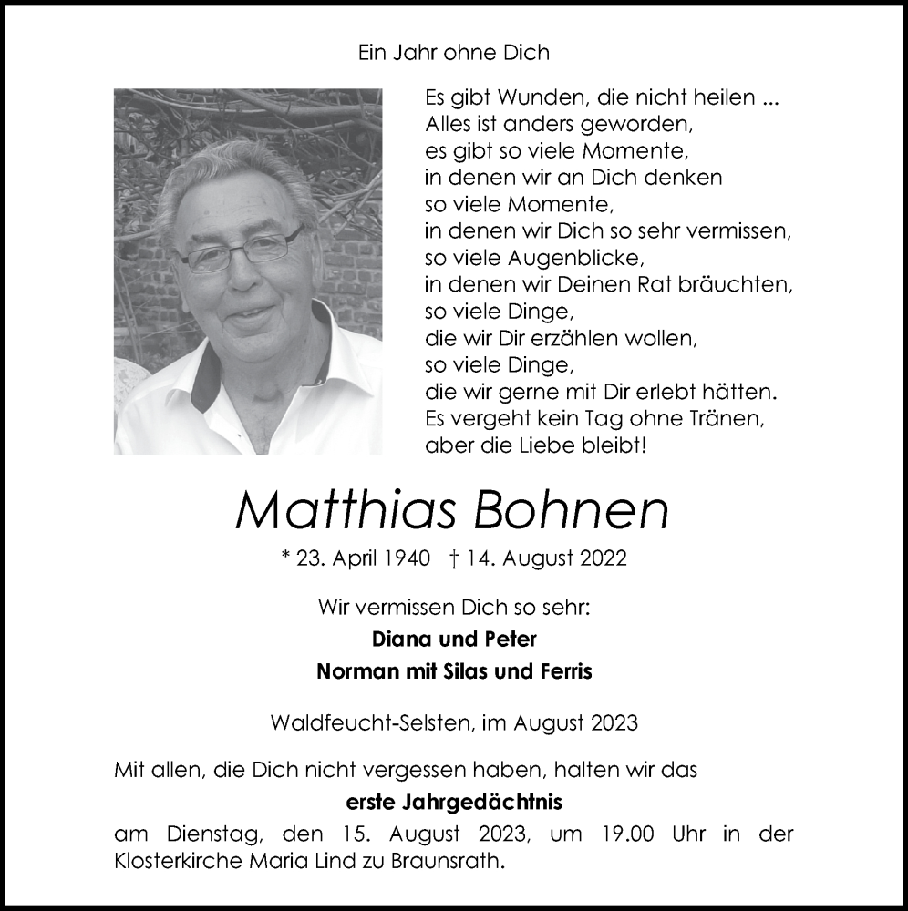  Traueranzeige für Matthias Bohnen vom 13.08.2023 aus Zeitung am Sonntag