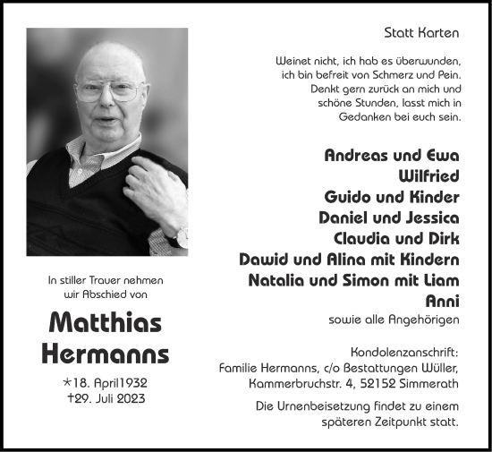 Traueranzeige von Matthias Hermanns von Zeitung am Sonntag