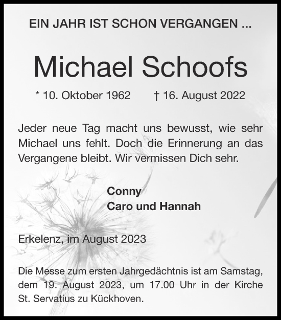 Traueranzeige von Michael Schoofs von Zeitung am Sonntag