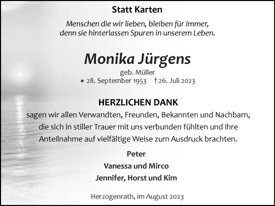 Traueranzeige von Monika Jürgens von Zeitung am Sonntag