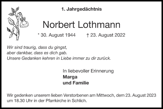 Traueranzeige von Norbert Lothmann von Zeitung am Sonntag