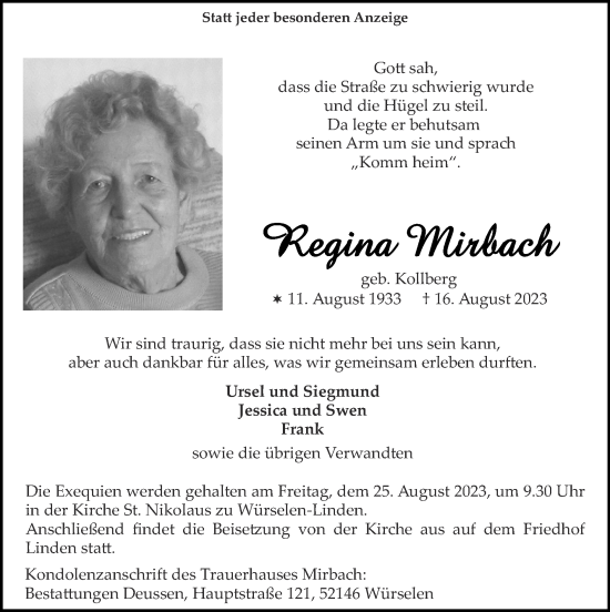 Traueranzeige von Regina Mirbach von Zeitung am Sonntag