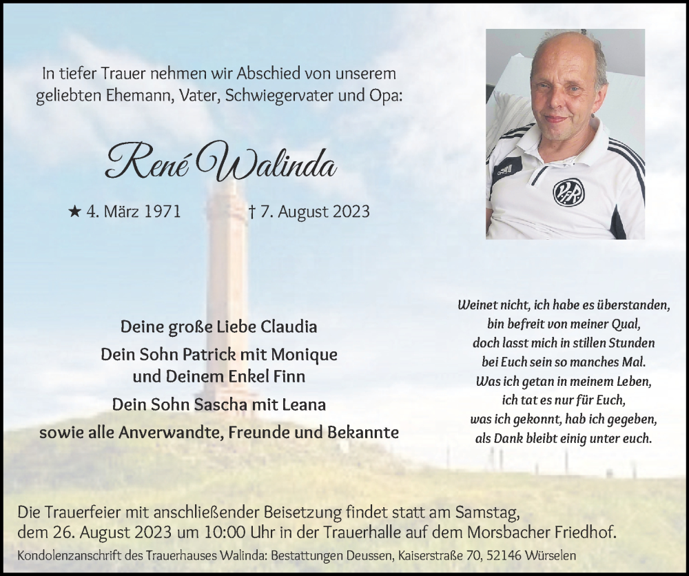  Traueranzeige für René Walinda vom 13.08.2023 aus Zeitung am Sonntag