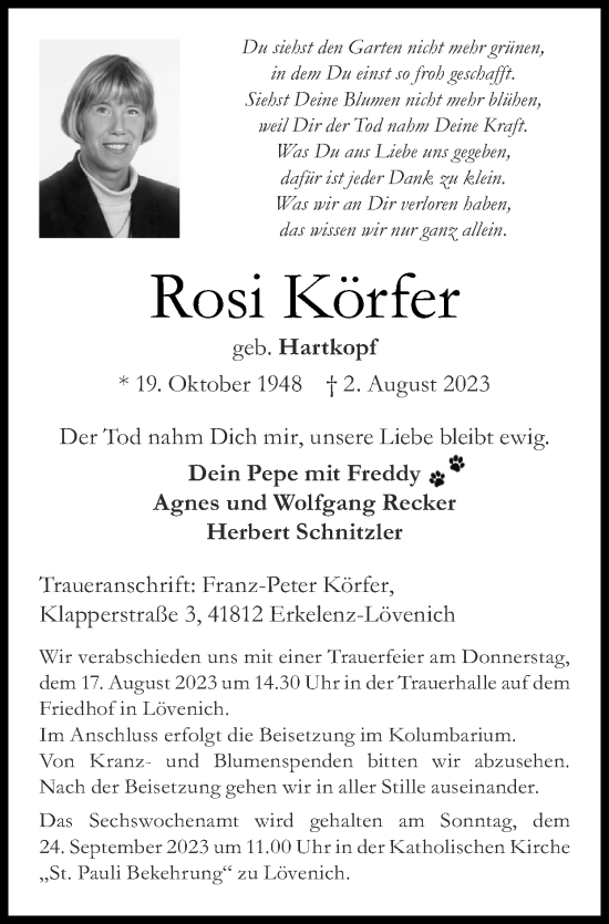 Traueranzeige von Rosi Körfer von Zeitung am Sonntag