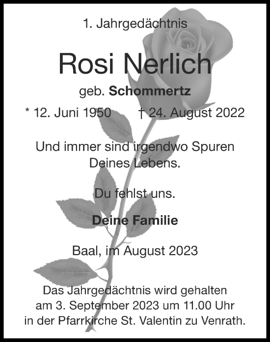 Traueranzeige von Rosi Nerlich von Zeitung am Sonntag