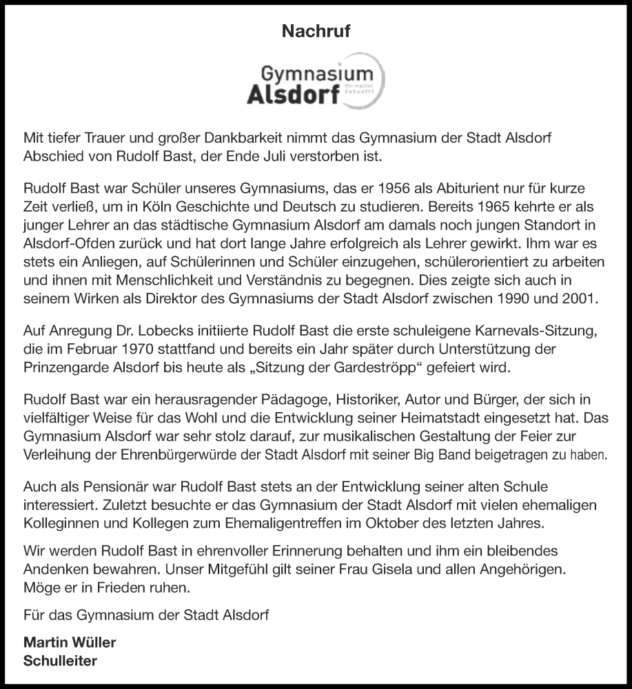  Traueranzeige für Rudolf Bast vom 12.08.2023 aus Aachener Zeitung