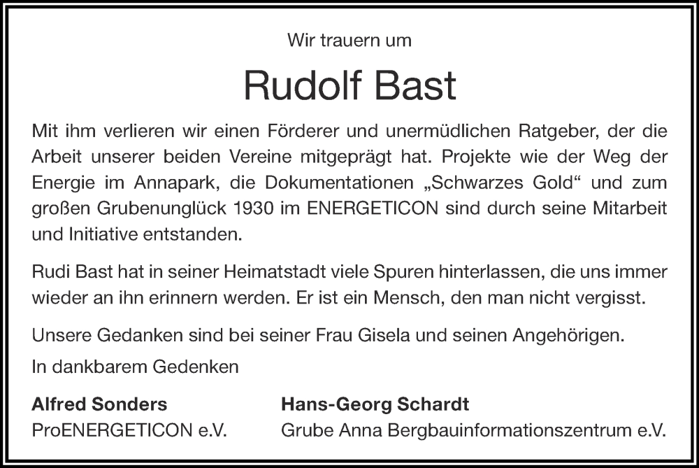  Traueranzeige für Rudolf Bast vom 13.08.2023 aus Zeitung am Sonntag