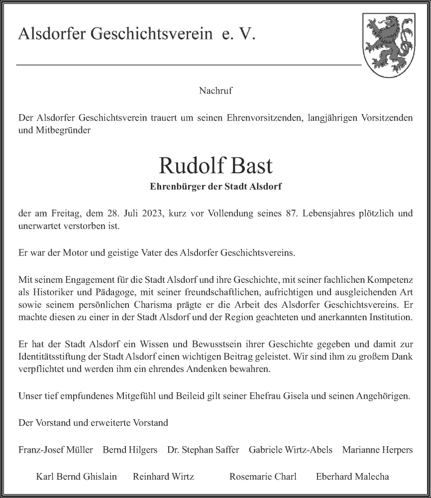  Traueranzeige für Rudolf Bast vom 13.08.2023 aus Zeitung am Sonntag