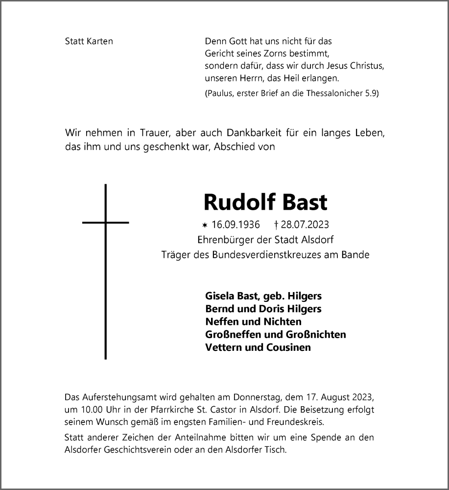  Traueranzeige für Rudolf Bast vom 12.08.2023 aus Aachener Zeitung