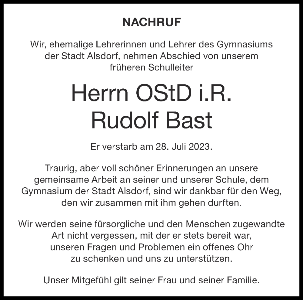  Traueranzeige für Rudolf Bast vom 12.08.2023 aus Aachener Zeitung