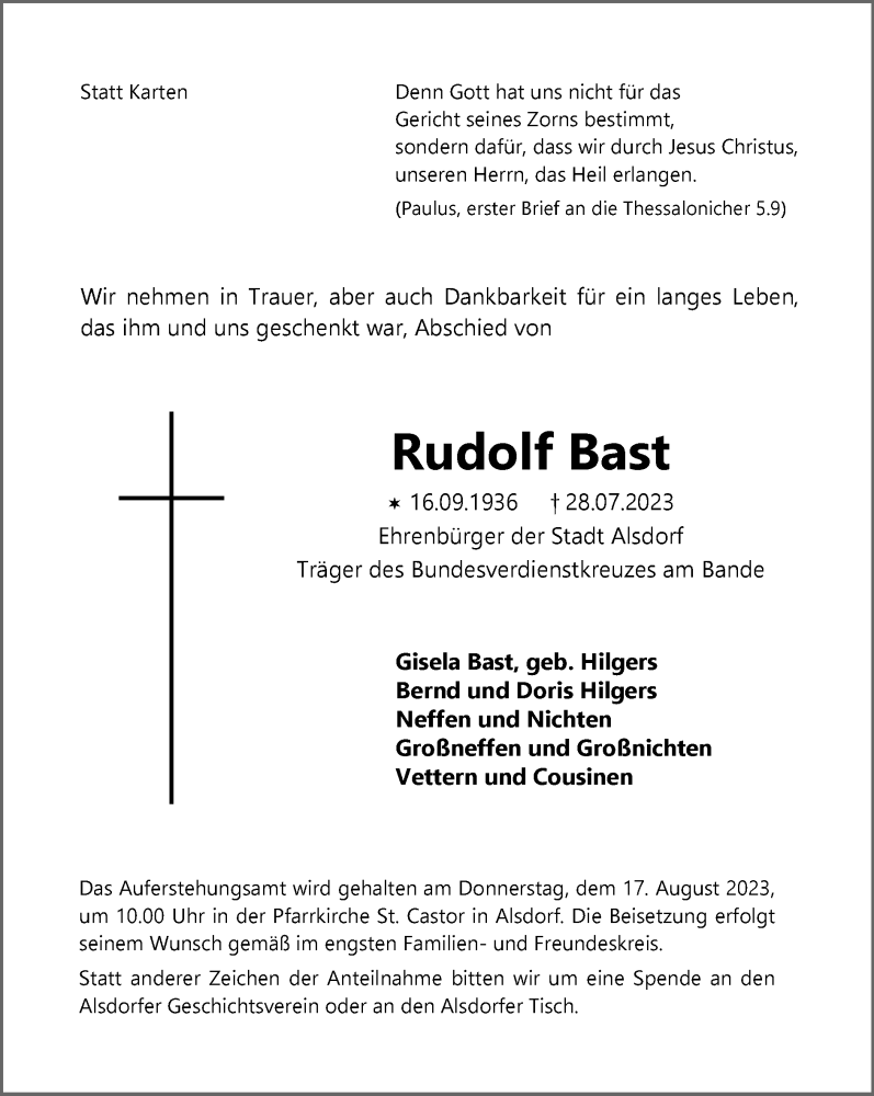 Traueranzeige für Rudolf Bast vom 13.08.2023 aus Zeitung am Sonntag