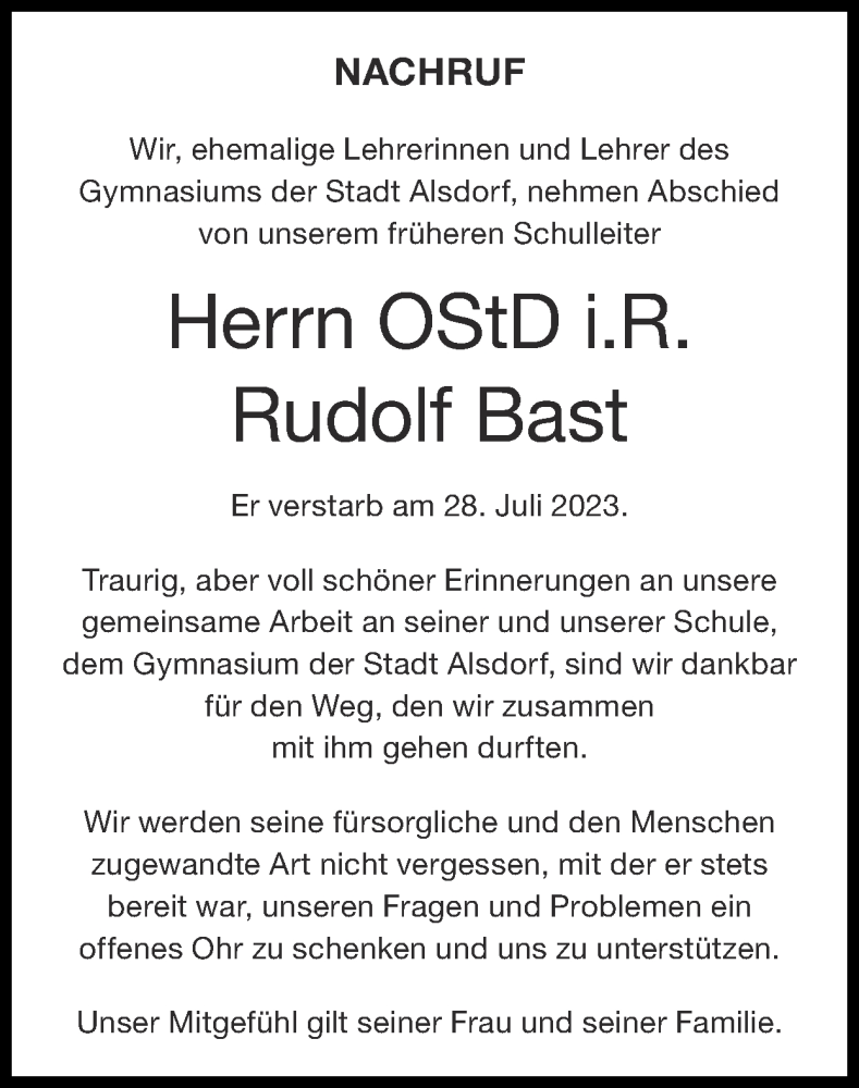  Traueranzeige für Rudolf Bast vom 13.08.2023 aus Zeitung am Sonntag