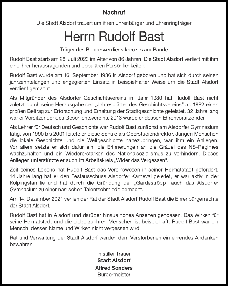  Traueranzeige für Rudolf Bast vom 13.08.2023 aus Zeitung am Sonntag