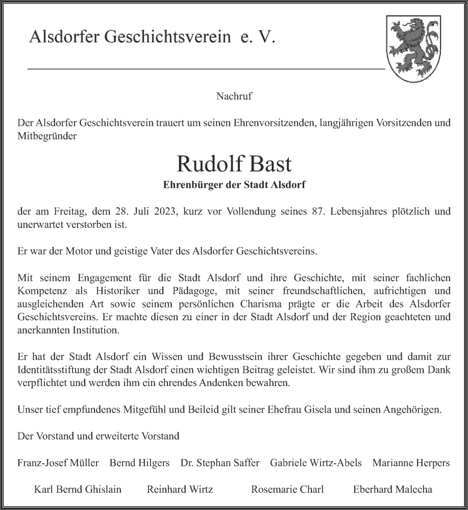  Traueranzeige für Rudolf Bast vom 12.08.2023 aus Aachener Zeitung