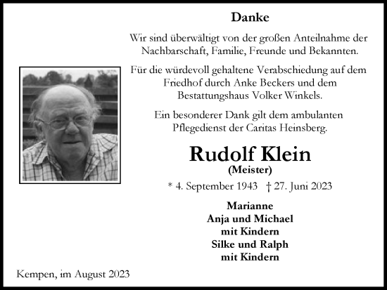 Traueranzeige von Rudolf Klein von Zeitung am Sonntag