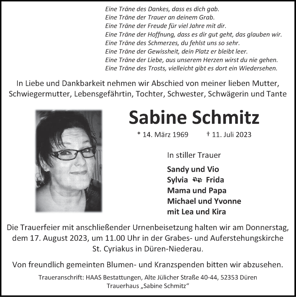  Traueranzeige für Sabine Schmitz vom 13.08.2023 aus Zeitung am Sonntag