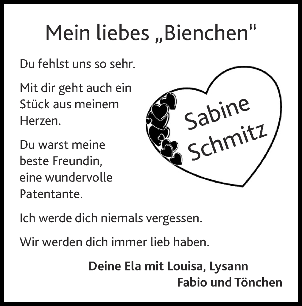  Traueranzeige für Sabine Schmitz vom 13.08.2023 aus Zeitung am Sonntag