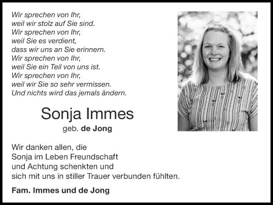 Traueranzeige von Sonja Immes von Zeitung am Sonntag