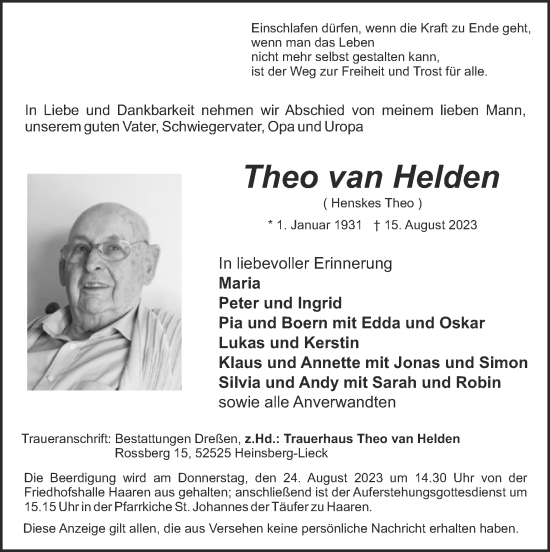 Traueranzeige von Theo van Helden von Zeitung am Sonntag