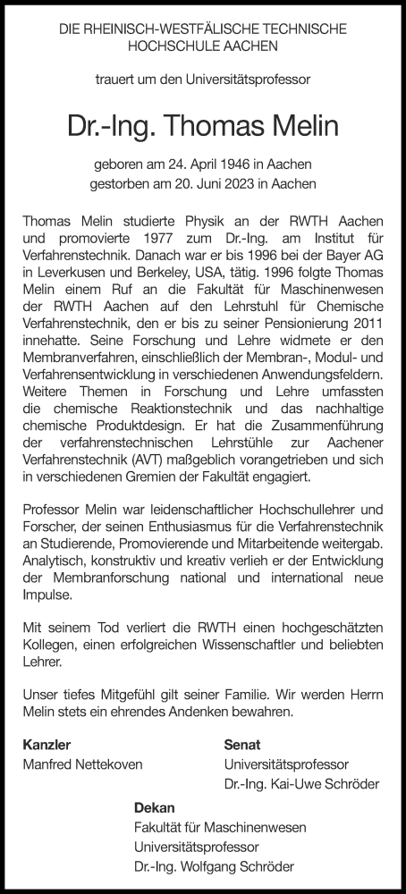  Traueranzeige für Thomas Melin vom 12.08.2023 aus Aachener Zeitung