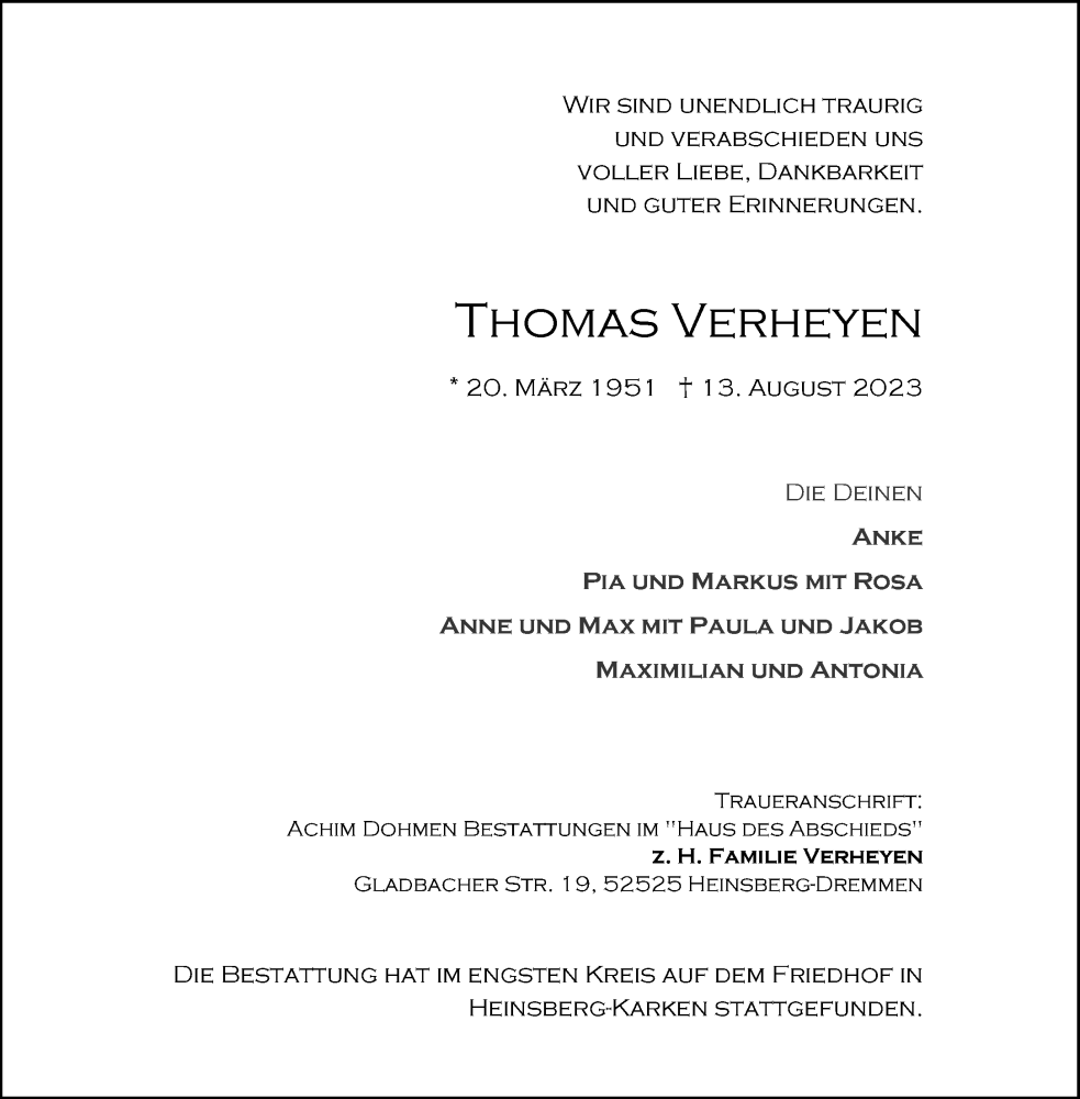  Traueranzeige für Thomas Verheyen vom 26.08.2023 aus Aachener Zeitung