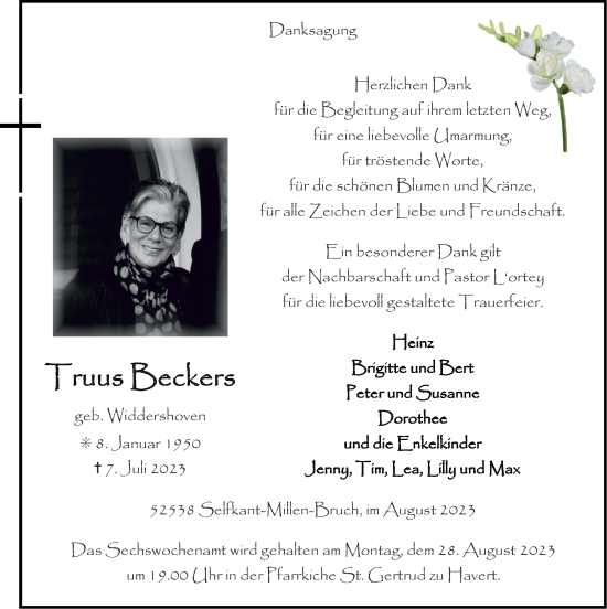 Traueranzeige von Truus Beckers von Zeitung am Sonntag