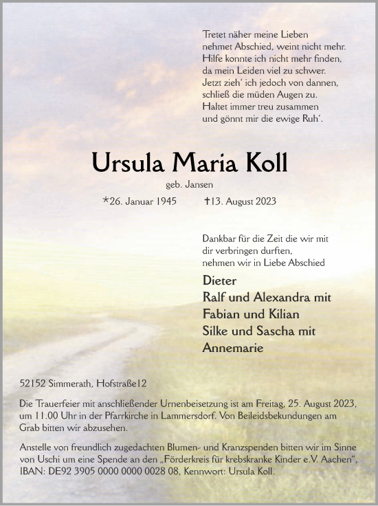 Traueranzeige von Ursula Maria Koll von Zeitung am Sonntag