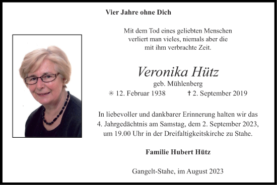 Traueranzeige von Veronika Hütz von Zeitung am Sonntag