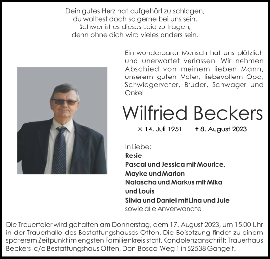 Traueranzeige von Wilfried Beckers von Zeitung am Sonntag