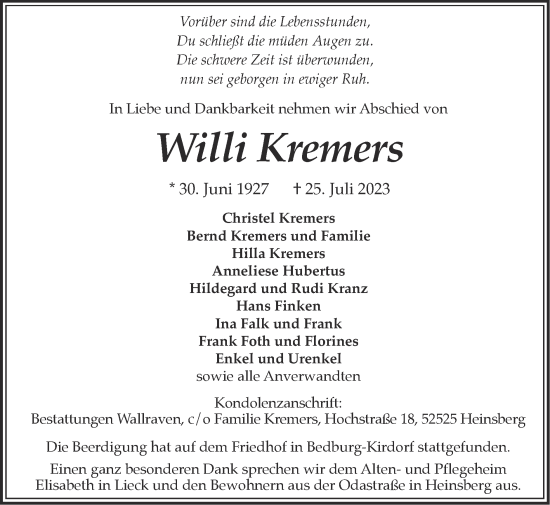 Traueranzeige von Willi Kremers von Zeitung am Sonntag