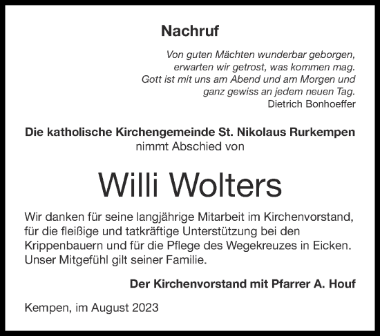 Traueranzeige von Willi Wolters von Zeitung am Sonntag