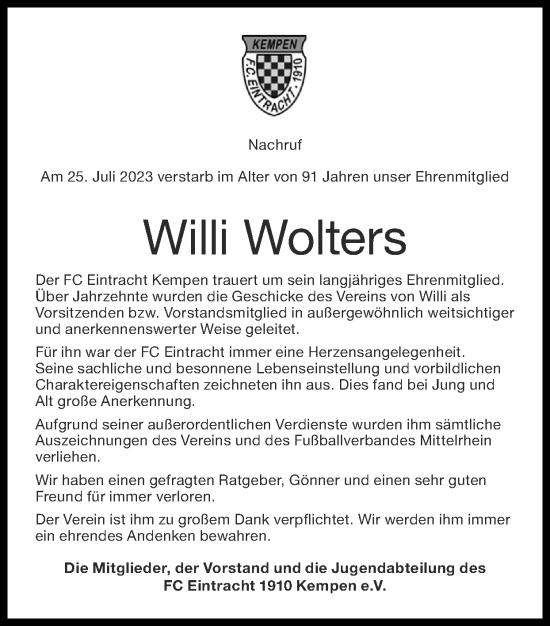 Traueranzeige von Willi Wolters von Zeitung am Sonntag