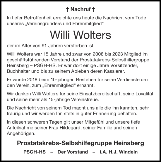 Traueranzeige von Willi Wolters von Zeitung am Sonntag