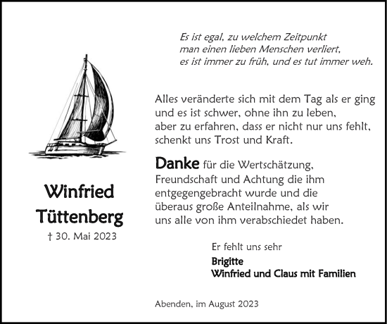 Traueranzeige von Winfried Tüttenberg von Zeitung am Sonntag