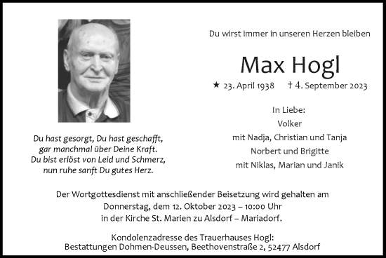 Traueranzeige von Max Hogl von Zeitung am Sonntag
