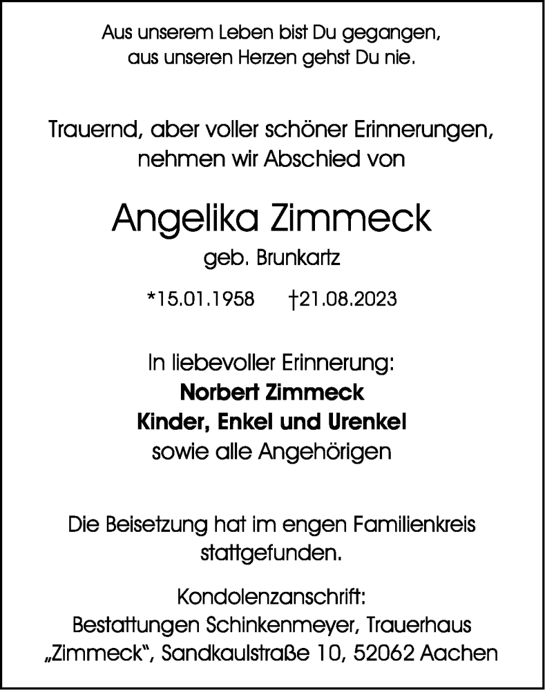  Traueranzeige für Angelika Zimmeck vom 17.09.2023 aus Zeitung am Sonntag