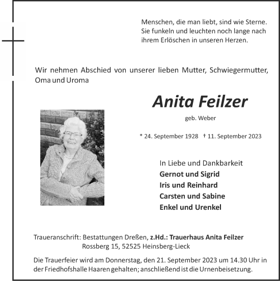 Traueranzeige von Anita Feilzer von Zeitung am Sonntag