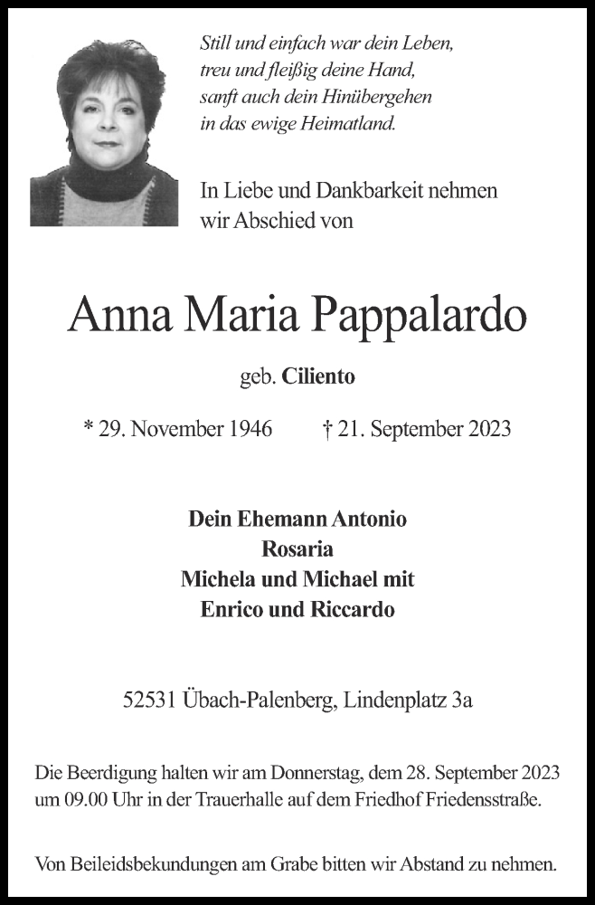  Traueranzeige für Anna Maria Pappalardo vom 24.09.2023 aus Zeitung am Sonntag