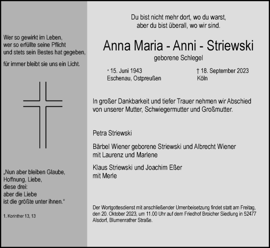 Traueranzeige von Anna Maria Striewski von Zeitung am Sonntag