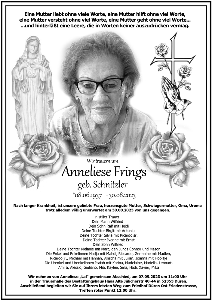  Traueranzeige für Anneliese Frings vom 03.09.2023 aus Zeitung am Sonntag