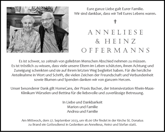 Traueranzeige von Anneliese Offermann von Aachener Zeitung