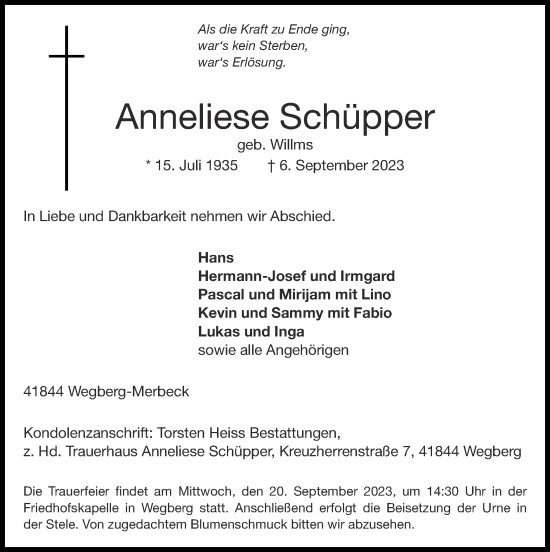 Traueranzeige von Anneliese Schüpper von Zeitung am Sonntag
