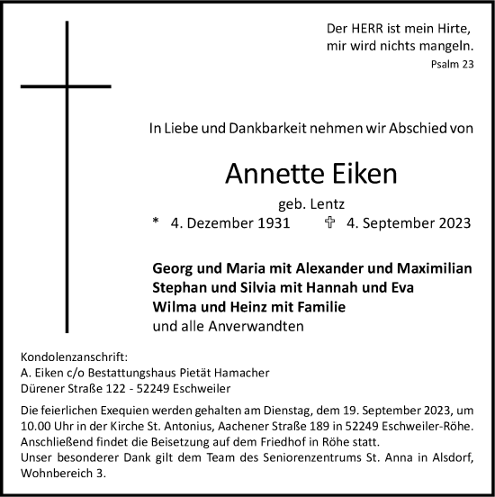Traueranzeige von Annette Eiken von Zeitung am Sonntag