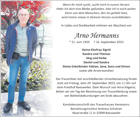 Traueranzeige von Arno Ufermanns von Zeitung am Sonntag