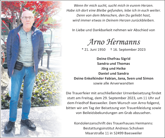 Traueranzeige von Arno Hermanns von Zeitung am Sonntag