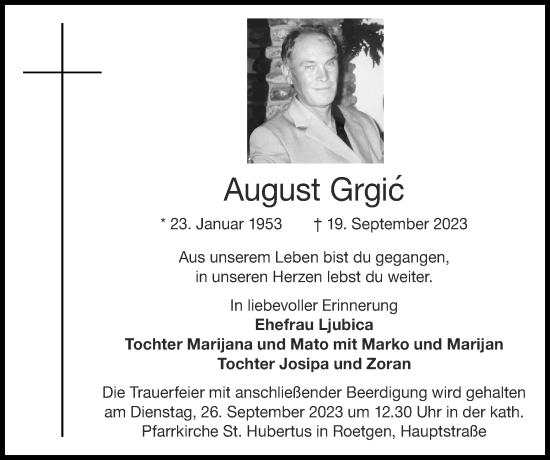 Traueranzeige von August Grgic von Zeitung am Sonntag